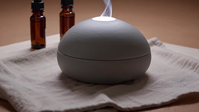 Round grey diffuser emits vapor, spa oils and plants accent.
