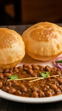 A delicious plate of Chole Bhature, a popular Punjabi dish. The spicy chickpea curry is served with fluffy deep-fried bread called bhature