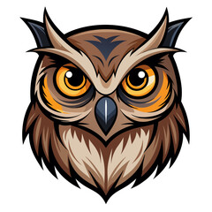 Obraz premium Powerful Owl Head, Vector Illustration, Intense Gaze, Brown and Orange, Mascot Design, Wildlife, Bird, Fierce, Alert, Nocturnal Animal, Graphic.