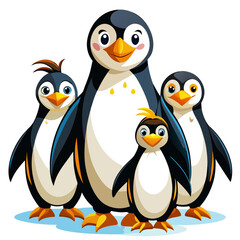 Happy Penguin Family Cartoon Illustration:  Adorable, Cheerful, Winter Theme, Childrens Book,  White Background.