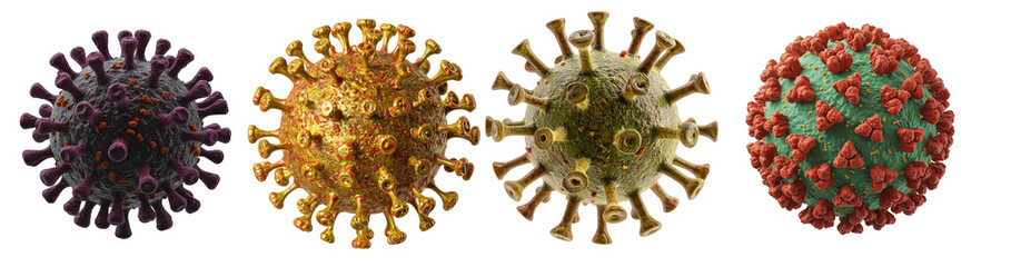 Set of 3D microscopic virus cell (COVID-19, Influenza, HIV, HSV) isolated with clipping path	