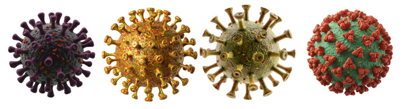 Set of 3D microscopic virus cell (COVID-19, Influenza, HIV, HSV) isolated with clipping path	