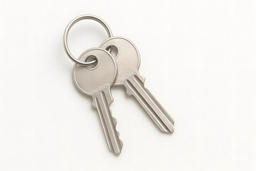 Pair of metallic house keys on keyring isolated on white background
