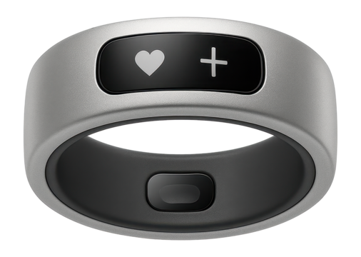 Heart rate sensor ring with a matte silver finish and a minimalist touch interface