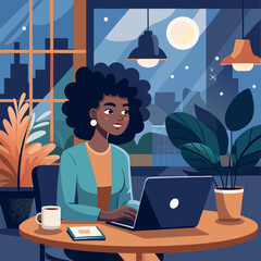  A Black woman working remotely from a cozy cafe. She is smiling, looking at her modern laptop screen, with a notebook and a cup of coffee on the table. The cafe has a warm, inviting ambiance with sof