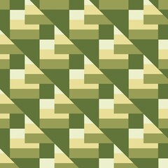 ​A dynamic geometric pattern with a 3D optical illusion. The design features a seamless repeat of layered, abstract block shapes in a calming palette of green, olive, and cream.