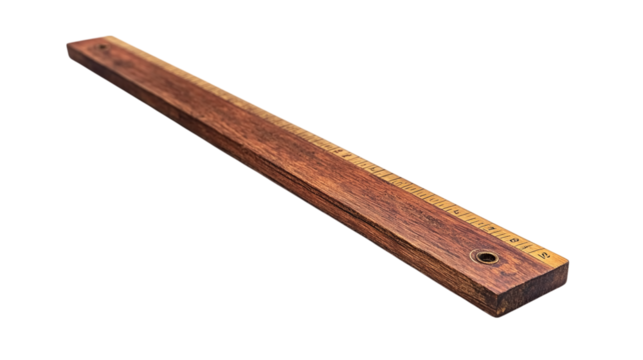Vintage wooden ruler with brass inlay isolated on transparent background 