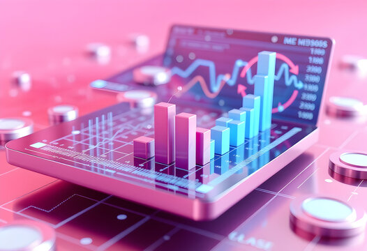 Financial Data Analysis on Laptop with Bar Charts