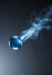Transparent blue serum drop with wisps of smoke against a gradient background 