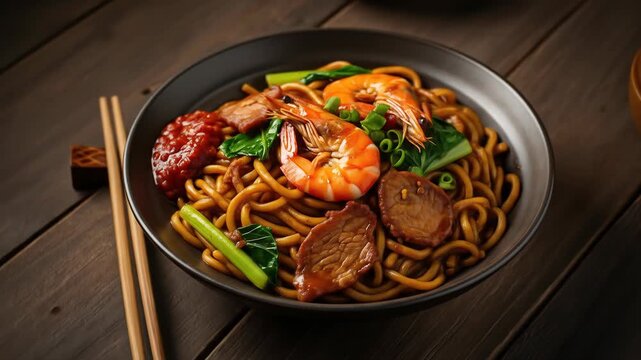 Traditional malaysian Hokkien Mee fried noodles with shrimp, a classic street food. Served with sliced pork and spicy sambal chili paste