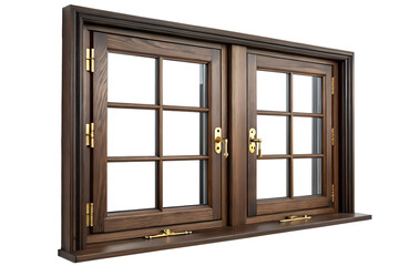 Obraz premium Classic dark wood double window with polished brass hardware and clear glass panes, meticulously isolated on a pristine white background, ideal for home design