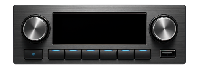 Car head unit with a classic knob-and-button layout and USB connectivity