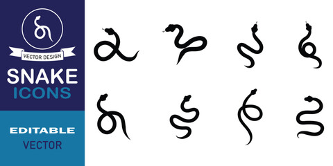 Snake icon set. Set of snake silhouette vector simple design. Jungle animals snake safaris, wildlife, rainforest sign symbol. Silhouette snake concept hand drawing design. Vector illustration.