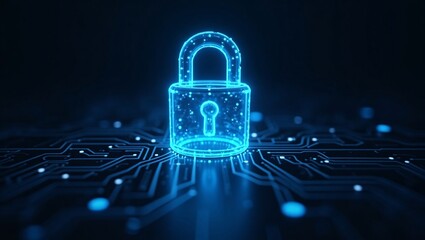 A glowing digital padlock on a circuit board, symbolizing cybersecurity or data encryption.
