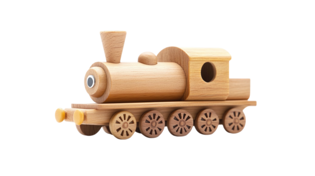 Wooden toy train engine isolated on transparent background 