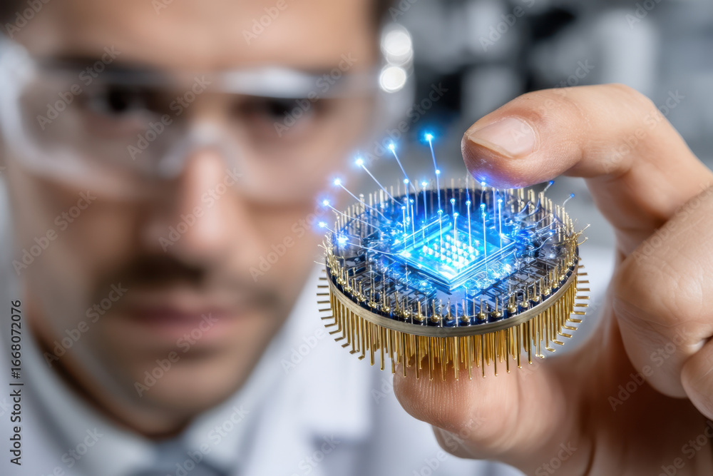 Poster researcher demonstrates advanced quantum computer chip technology in laboratory setting