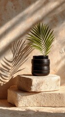 Black vase on stacked stones, sunlit
