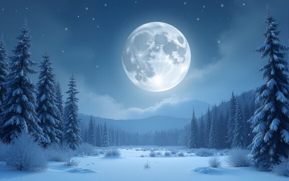 Winter Soltice Greeting Card with Moon Rising over Snowy Valley Generative AI. High quality
