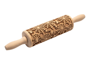 Wooden rolling pin with spider web pattern isolated on transparent background