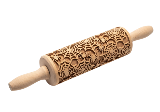 Wooden rolling pin with spider web pattern isolated on transparent background