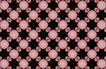 A captivating repeating pattern with ornate, stylized floral elements in shades of pink and beige, against a dark background