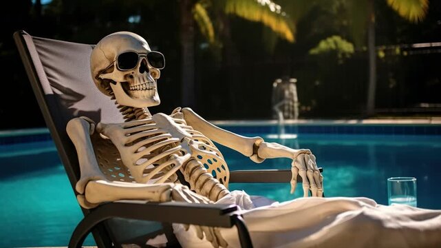 Skeleton relaxes by the pool in sunny weather wearing sunglasses and enjoying a drink in a laid-back atmosphere