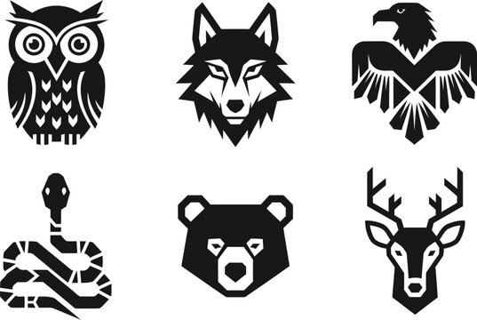 A set of black and white animal vector icons. A collection of wildlife graphic symbols including an owl, wolf, eagle, snake, bear, and deer. Perfect for nature or brand designs.