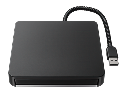 External CD/DVD combo drive with a textured surface and a retractable USB cable