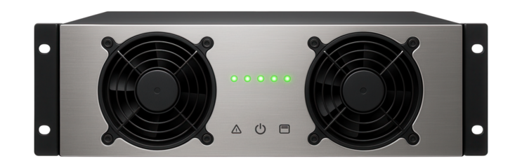 Rack-mounted backup power module with dual cooling fans and LED status indicators for server rooms