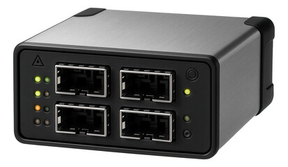 Obraz premium Fiber optic redundancy module with multiple SFP ports and diagnostic LEDs for data transmission