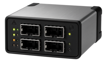 Fiber optic redundancy module with multiple SFP ports and diagnostic LEDs for data transmission