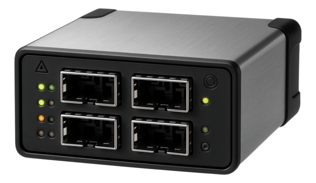 Fiber optic redundancy module with multiple SFP ports and diagnostic LEDs for data transmission