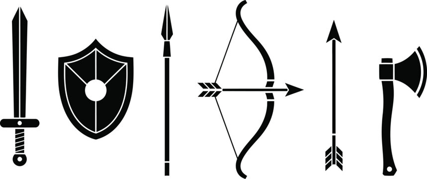 Medieval and fantasy weapons vector icons. A set of graphic symbols including a sword, shield, spear, bow and arrow, and axe. Great for game, history, or design projects.