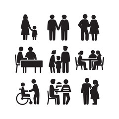 Inclusive black and white family icons showing diverse relationships, caregiving, and togetherness in simple silhouette illustrations.