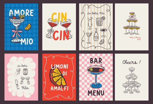 Whimsical hand drawn cocktails poster and menu template in trendy whimsical style. Perfect doodle for quirky italian dinner  restaurant and cafe, kitchen wall art, poster,  party, birthday, sign
