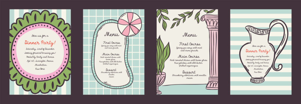 Set of summer exotic vacation whimsical hand-drawn frames with palm and sea, bow aesthetic in trendy, vintage styles. Perfect for quirky holiday, wedding, birthday gift decorations