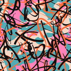 Vector abstract graffiti seamless pattern. Urban art sport texture with chaotic paint, strokes, paint splashes, lines. Trending colorful background. Design for kids, teens, boys, girls, sportswear