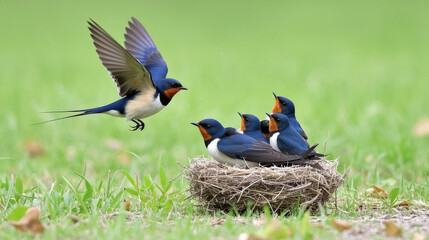 Obraz premium Mother's Day swallow feeding its chick, affectionate and warm nature background