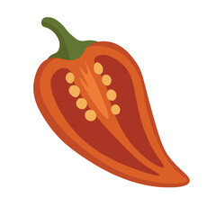 Red chili pepper half with seeds inside, flat vector style, isolated spicy seasoning illustration.