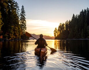 Kayaker Paddling Sunset Inlet Waterscape