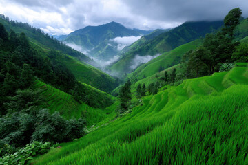 Fototapeta premium Lush green rice terraces with misty mountains in a serene valley during midday