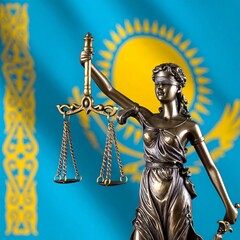 Obraz premium Lady Justice statue, Kazakhstan flag backdrop