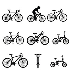 Obraz premium A flat 2D vector icon set showcases various black silhouette bicycles, including a racing bike, a mountain bike, and a folding bike, depicted with clean, modern lines.