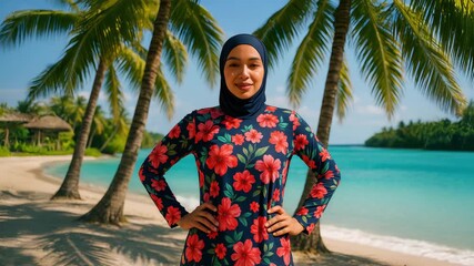 Confident Muslim woman in floral modest swimwear enjoying tropical paradise by turquoise ocean.