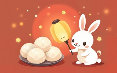 Cute rabbit character or mascot, Lantern Festival or Winter Solstice with glutinous rice balls, glutinous rice sweet food in Asia, Chinese translation: Lantern Festival. High quality