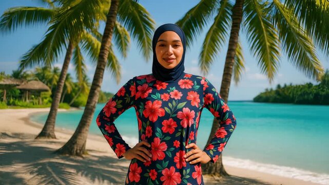 Confident Muslim woman in floral modest swimwear enjoying tropical paradise by turquoise ocean.