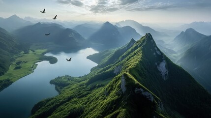 Photography works, green mountains and clear waters, birds flying back, vast sky and earth, heart widening, ink wash landscape, picturesque landscape