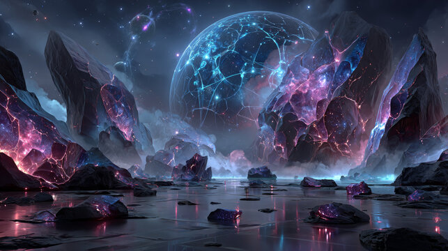 Alien planet landscape for space game background. Vector cartoon fantasy illustration of cosmos and planet surface with rocks, cracks, glowing spots and mist for gui game design