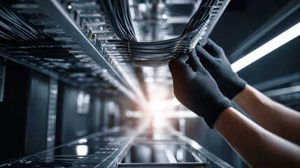 Electrician carefully works on network wiring, ensuring proper installation and functionality.