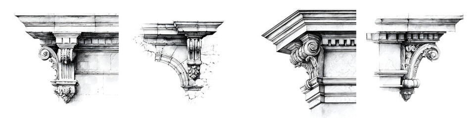 Detailed Architectural Corbels Sketch, Isolated on White